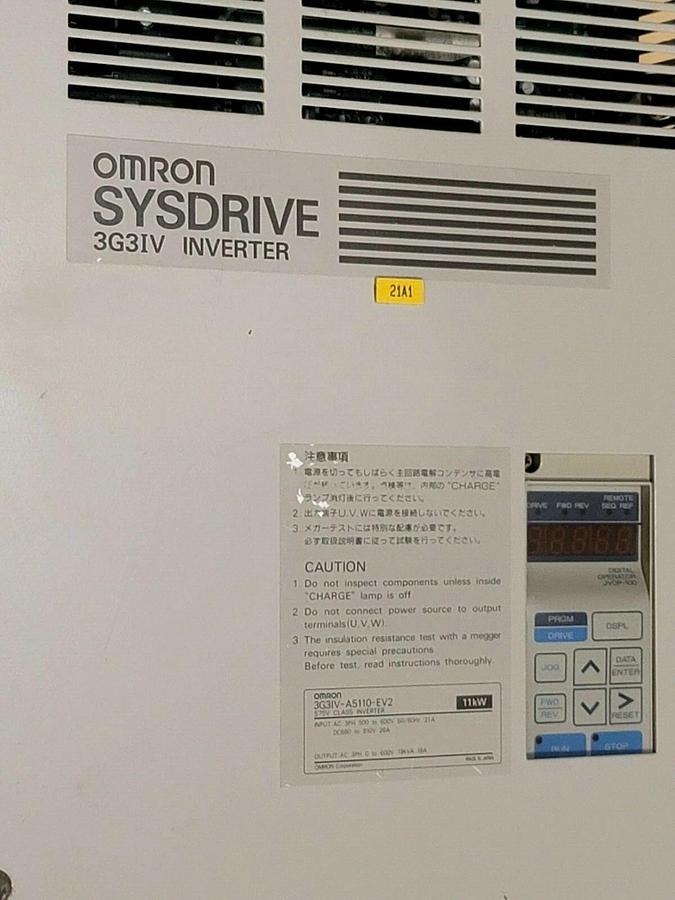 Used OMRON CIMR-G3U5011 SYSDRIVE 3G3IV INVERTER 3-PHASE AMPS: 21 W/ JVOP-100