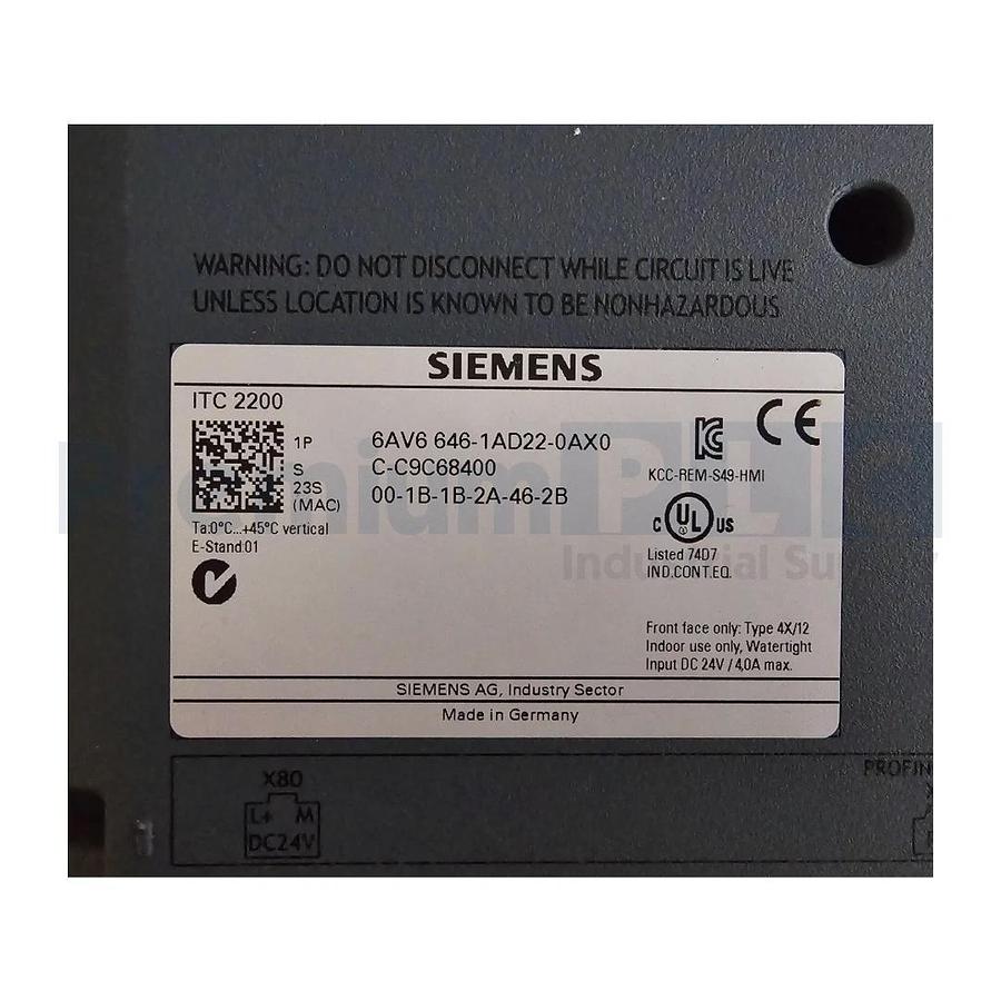 Used SIEMENS 6AV6 646-1AD22-0AX0 / 6AV6646-1AD22-0AX0 SIMATIC ITC 2200 TOUCH 22''