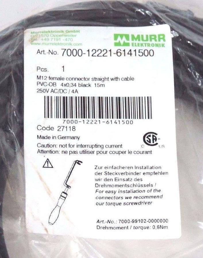 NIB MURR ELEKTRONIK 7000-12221-6141500 M12 FEMALE CONNECTOR W/ PVC-OB 15M CABLE