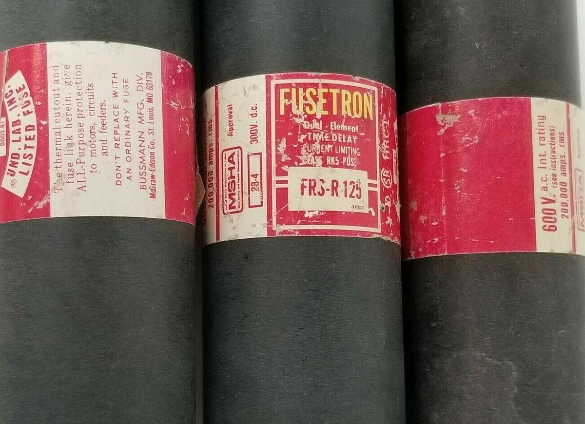 Used LOT OF 3 BUSSMANN FRS-R-125 FUSETRON DUAL-ELEMENT FUSES 600V, 125A, FRSR125