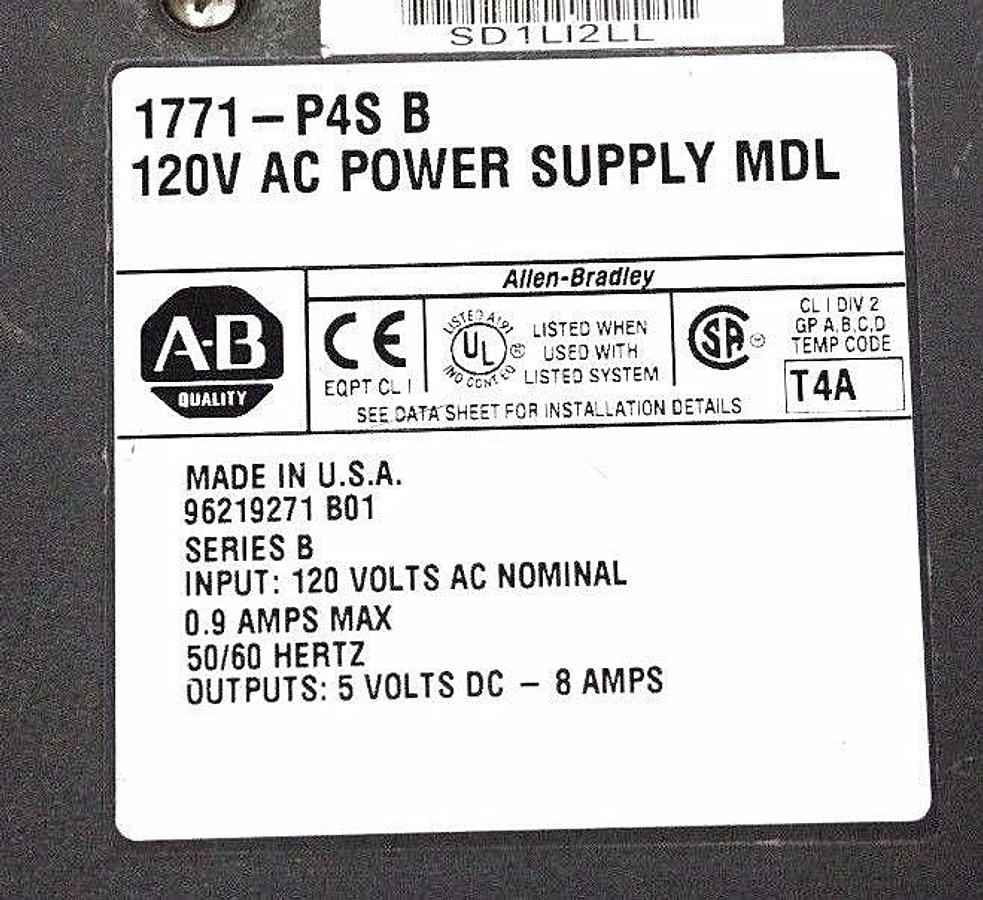Used ALLEN BRADLEY 1771-P4S/B POWER SUPPLY MODULE SER B, P/N 96219271 B01, 1771P4SB