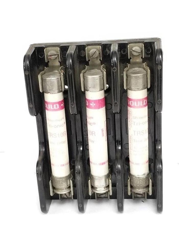 Used GOULD SHAWMUT 60313 FUSE BLOCK 600V, 30A, 3P W/ (3) TRS10R FUSES 10A, 600V