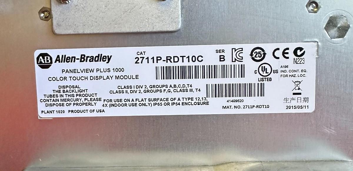 Used ALLEN BRADLEY 2711PC-T10C4D8 /A PanelView Plus 1000 TOUCH ENet 2711P-RDT10C