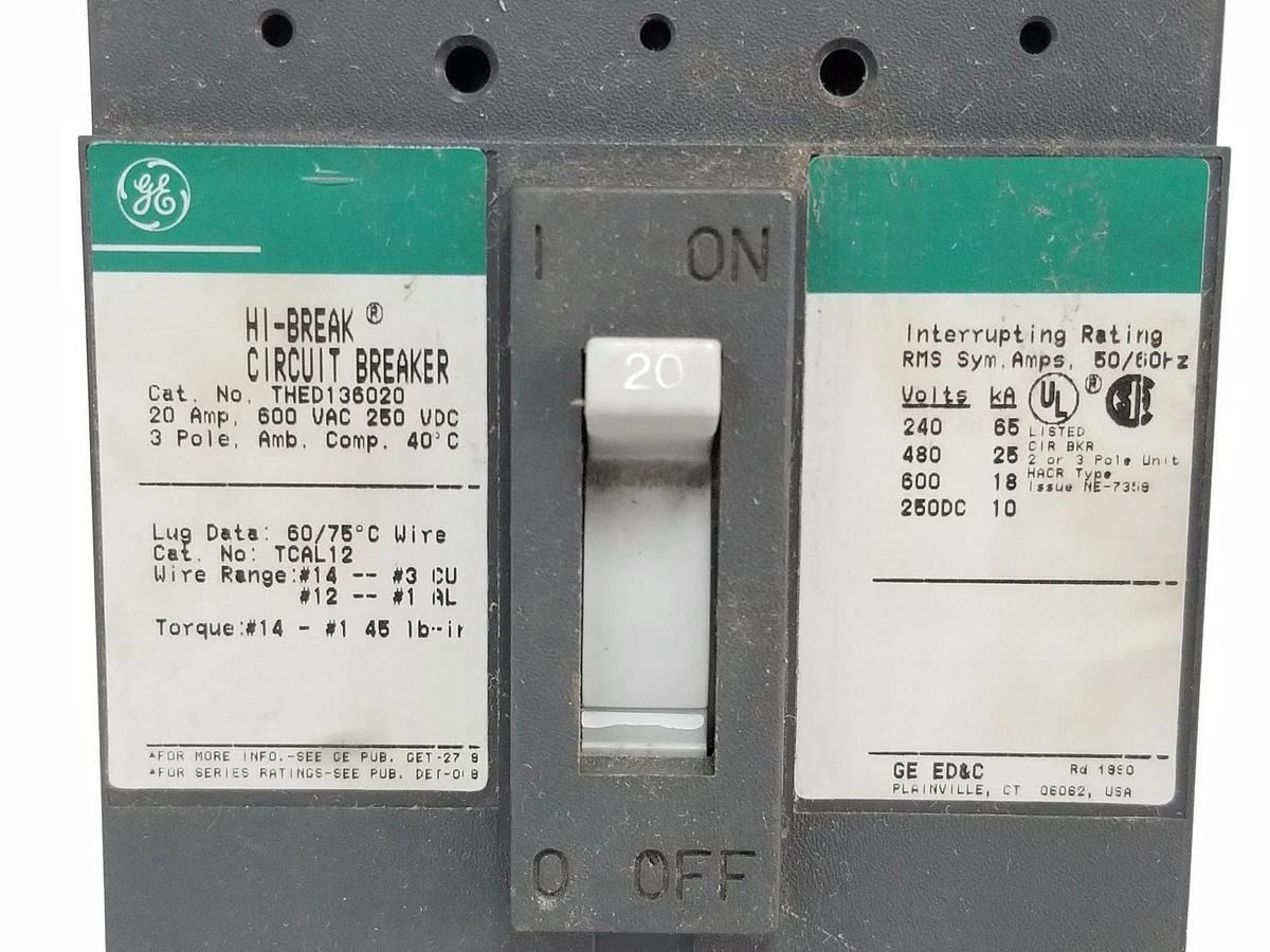 Used GENERAL ELECTRIC THED136020 HI BREAK CIRCUIT BREAKER 20 AMP, 600VAC, 3 POLE