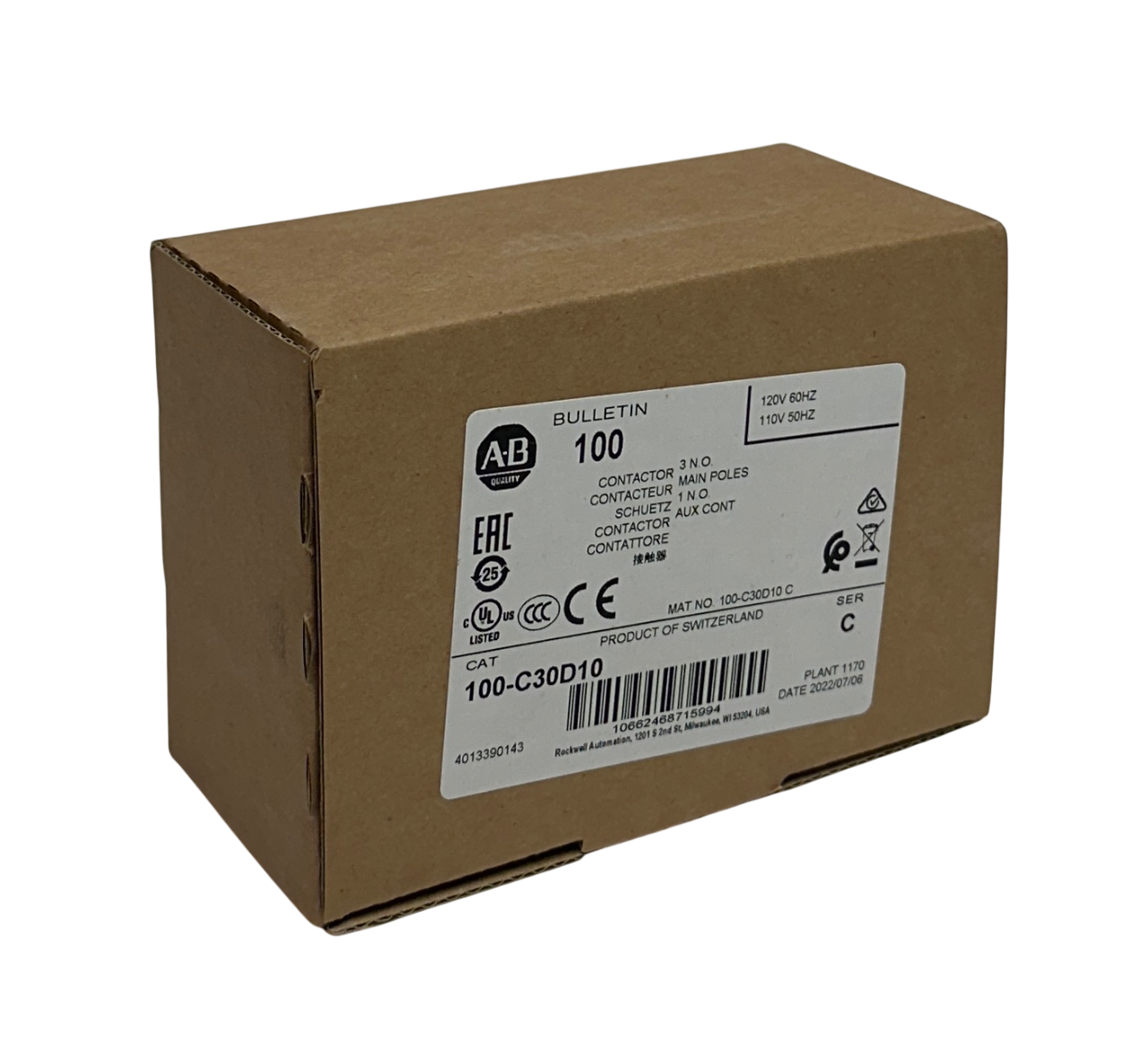 Used ALLEN BRADLEY 100-C30D10 /C BULLETIN 100 CONTACTOR 3-POLE 110/120V 50/60Hz NSMP