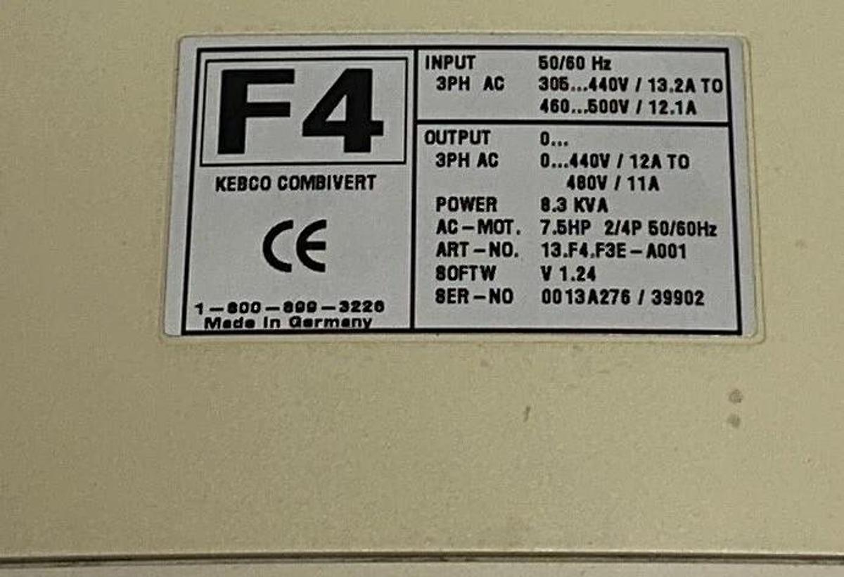 Used KEBCO KEB 13.F4.F3E-A001 / 13F4F3E-A001 F4 COMBIVERT INVERTER 7.5HP 8.3KVA USPI