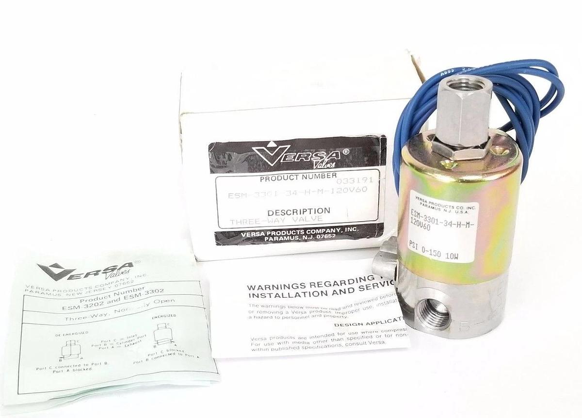 NIB VERSA VALVES ESM-3301-34-H-M-120V60 3-WAY SOLENOID VALVE ESM330134HM120V60