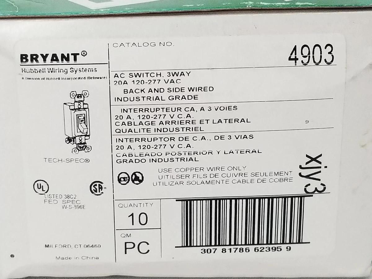 Used BOX OF 10 NEW BRYANT 4903 3-WAY AC SWITCHES 20A 120-277VAC