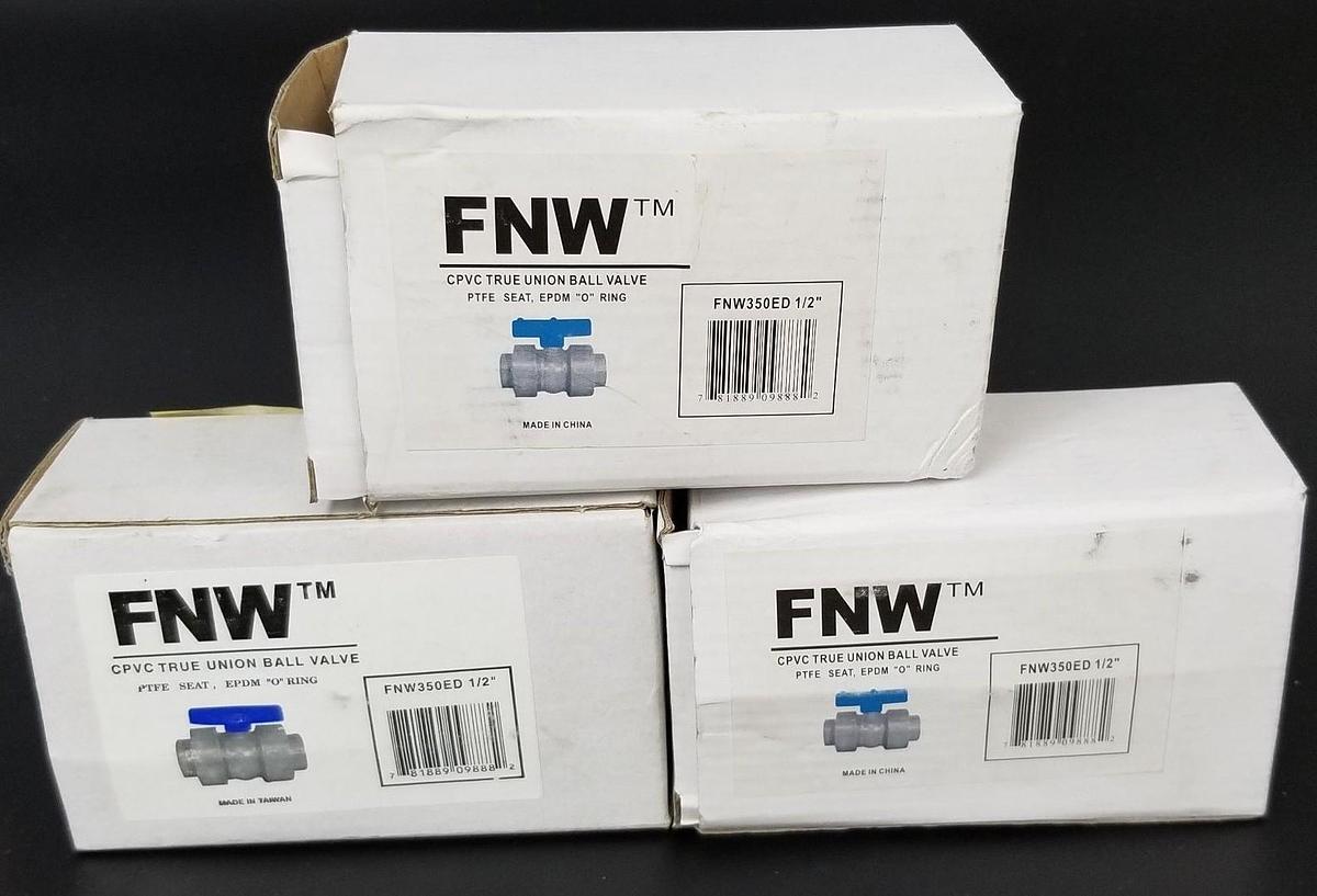 Used LOT OF 3 NIB FNW FNW350ED 1/2" CPVC TRUE UNION BALL VALVES 150PSI, FNW350E