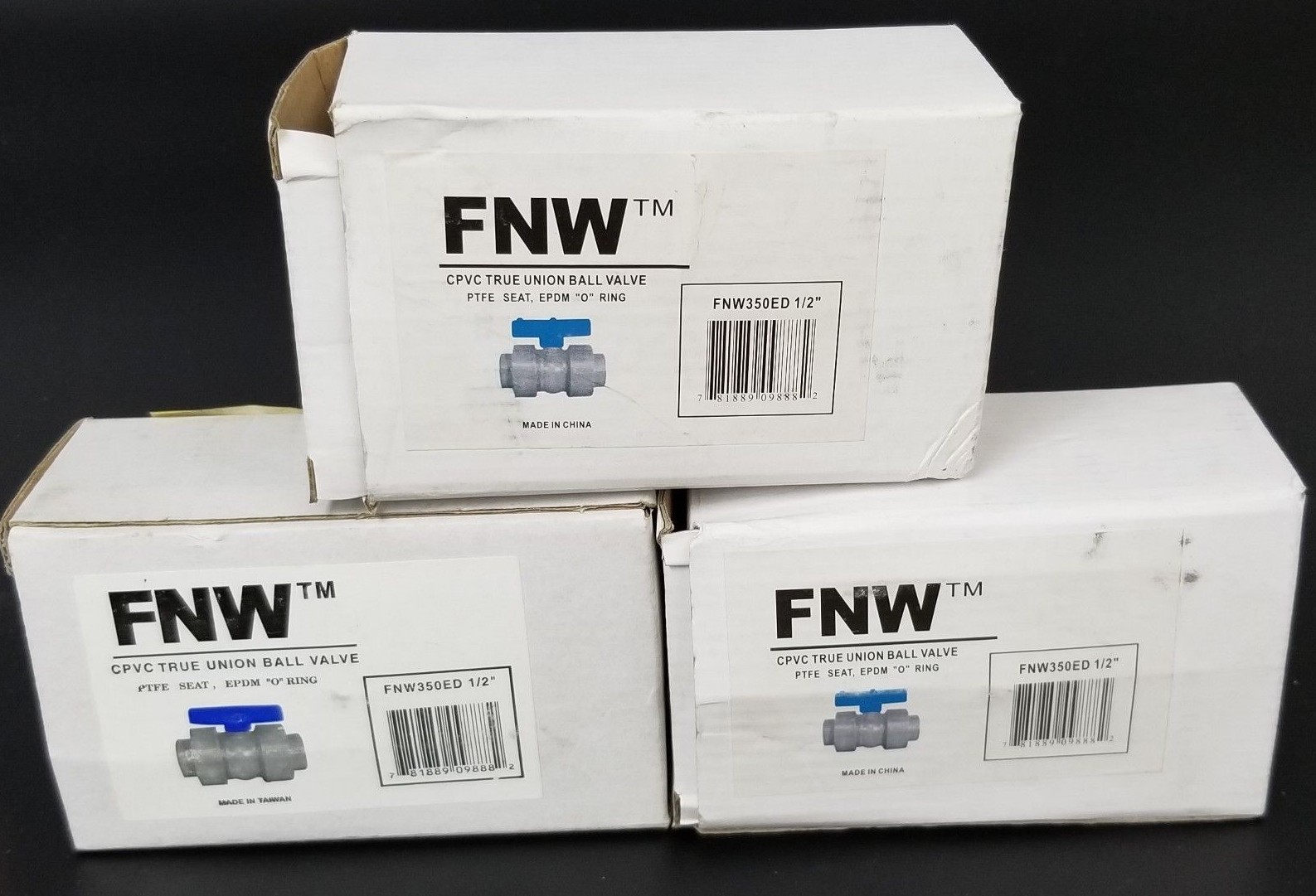 Used LOT OF 3 NIB FNW FNW350ED 1/2" CPVC TRUE UNION BALL VALVES 150PSI, FNW350E