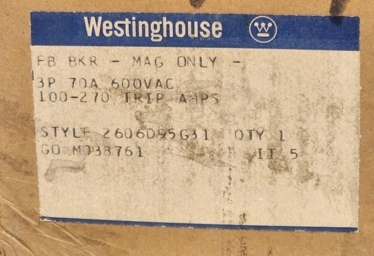 Used NEW WESTINGHOUSE 2606D95G31 CIRCUIT BREAKER 3P 70A 600VAC FB BKR MAG ONLY