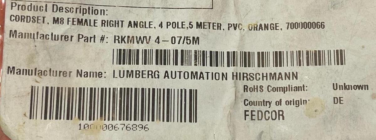Used (2)Lumberg Automation RKMWV 4-07/5M M12 Cordset 4Pin Right Angle Female 5m Cable