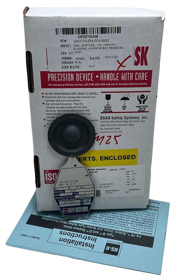 BS&B 1" Rupture Disk Type B INC625 4247 PSIG 1000F 10-SCWO-PSE9C