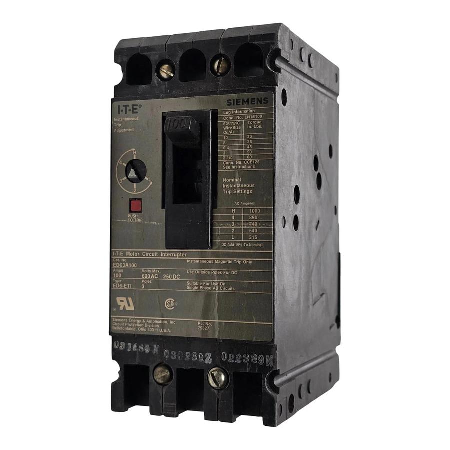 Used Siemens I-T-E ED63A100 Sentron Circuit Breaker | 100A 600V 3P | ED6-ETI w/Trip