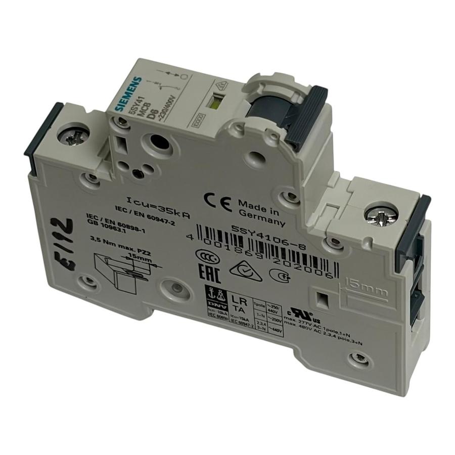 Siemens 5SY4106-8 Miniature Circuit Breaker MCB 1 Pole 6A D Curve 230/400V New