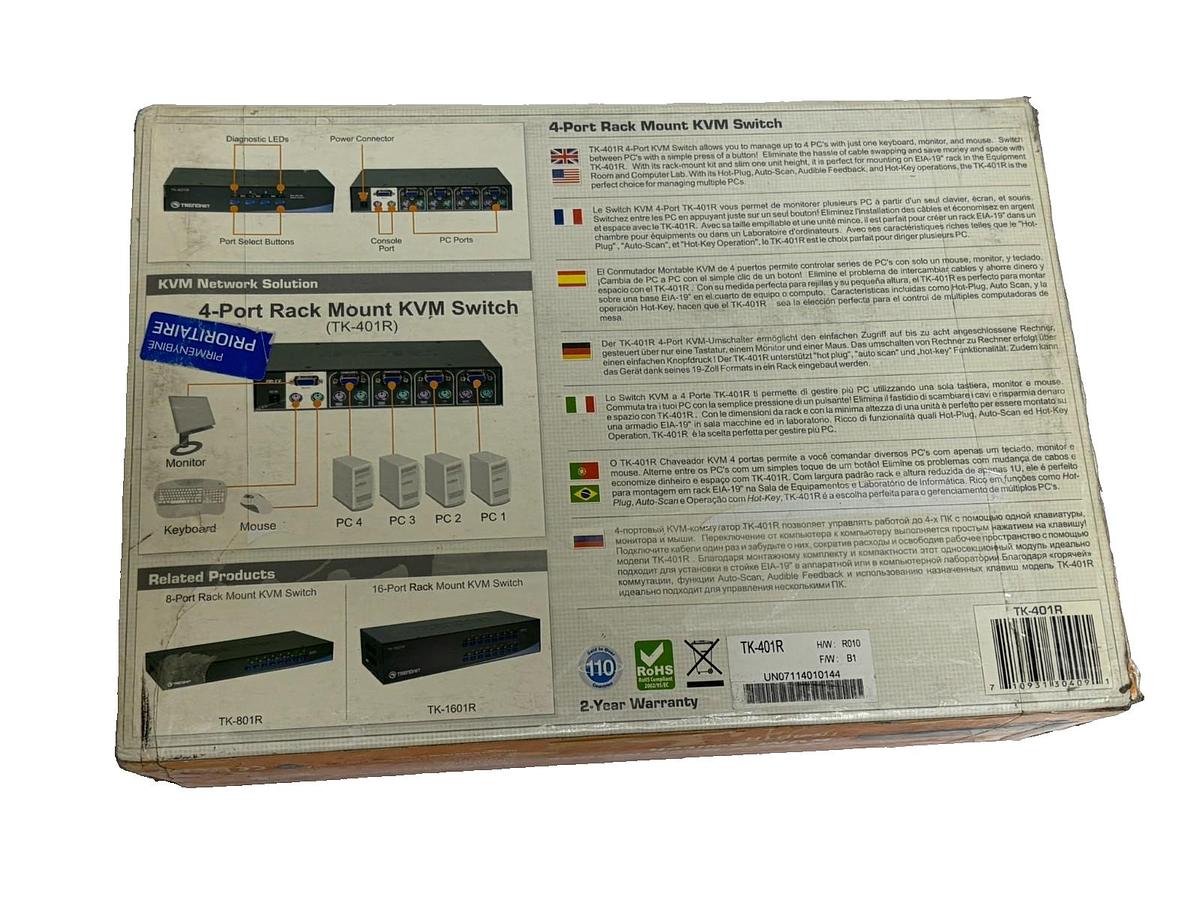 Used TRENDnet TK-401R 4-Port Rack Mount KVM Switch New Open Box with Rack Ears Manual