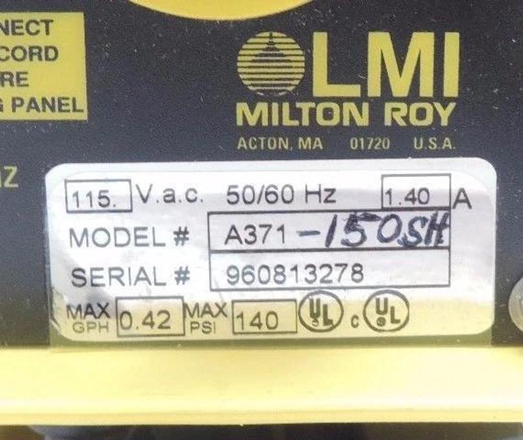 Used NIB LMI MILTON ROY A371-150SH METERING PUMP 115VAC, 1.40A, 0.42GPH, A371150SH