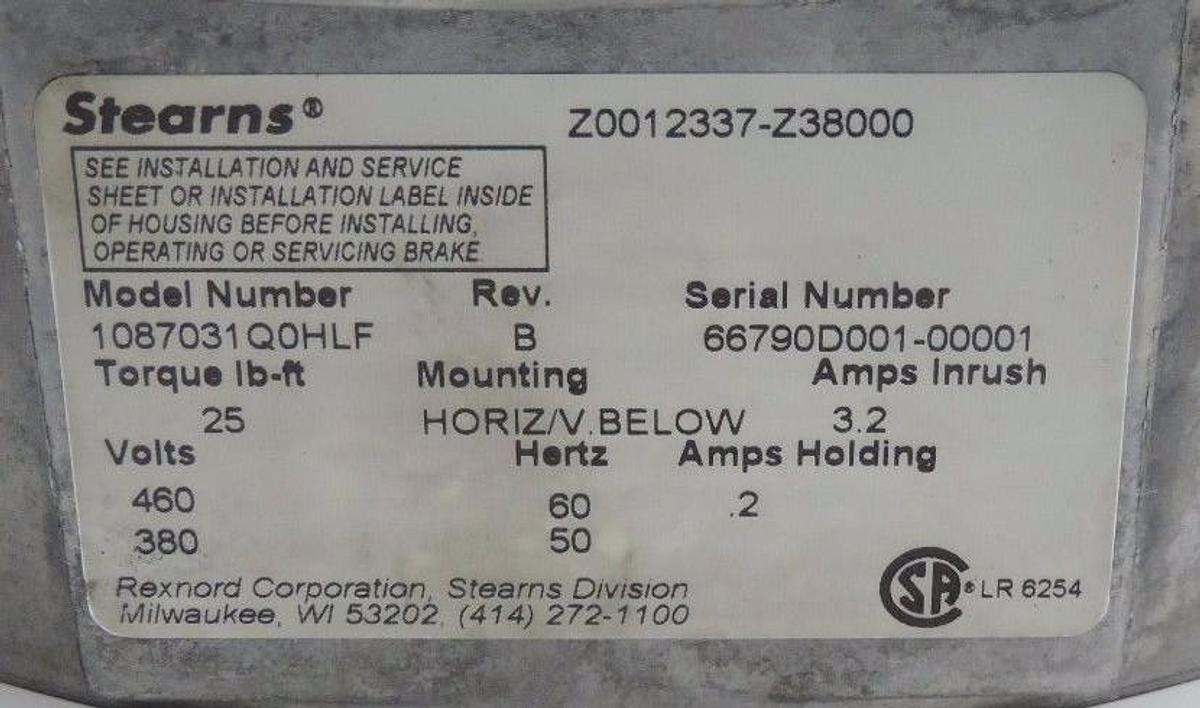 Used REXNORD STEARNS 1087031Q0HLF REV. B 87000 BRAKE ASSY-INT 25 LB-FT 380/460V NSMP