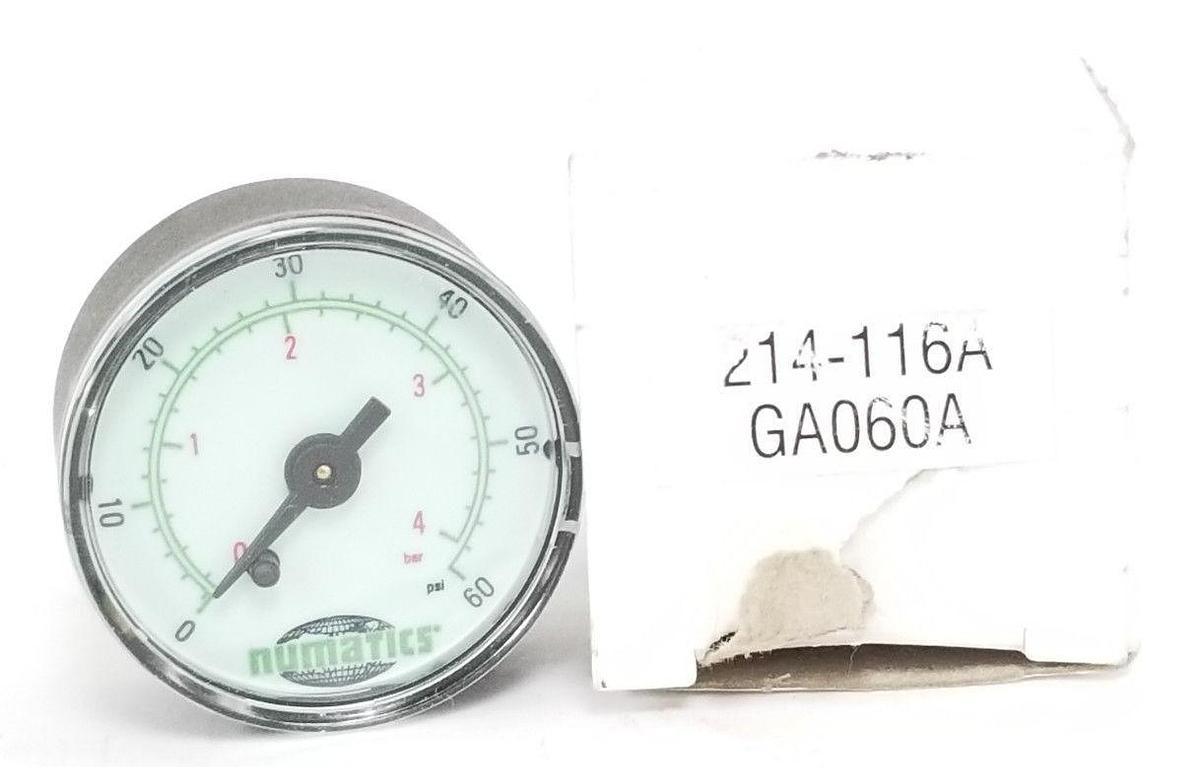 Used NIB NUMATICS 214-116A GAUGE 2'', 1/4'' THD, 0-60PSIG, 0-4BAR, 214116A