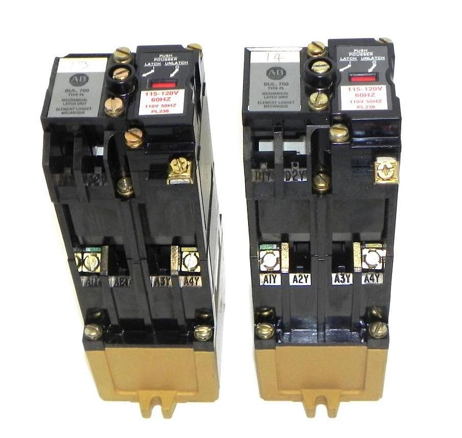 Used 2 ALLEN BRADLEY 700-PLLA1 LATCH W/ 700-PL200A1 CONTROL RELAY & 700-P200A1 RELAY