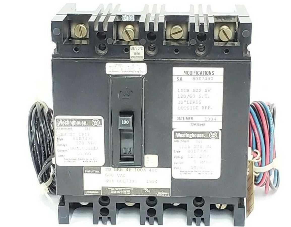 Used WESTINGHOUSE 80E7390 CIRCUIT BREAKER ASSY FB BKR 4P 100A 40C 600VAC 1A1B