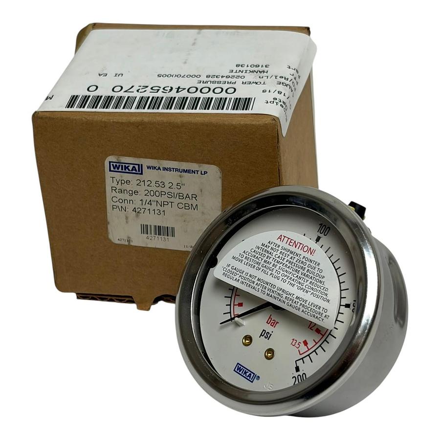 Used Wika 212.53 2.5" Pressure Gauge 200 PSI 1/4" NPT Center Back Mount New in Box