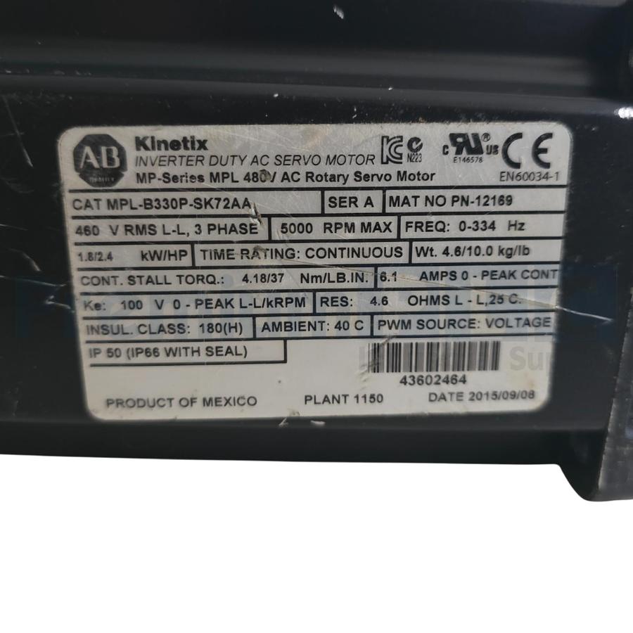 Used ALLEN BRADLEY MPL-B330P-SK72AA /A Kinetix MP SERIES 480V AC SERVO MOTOR NSNP