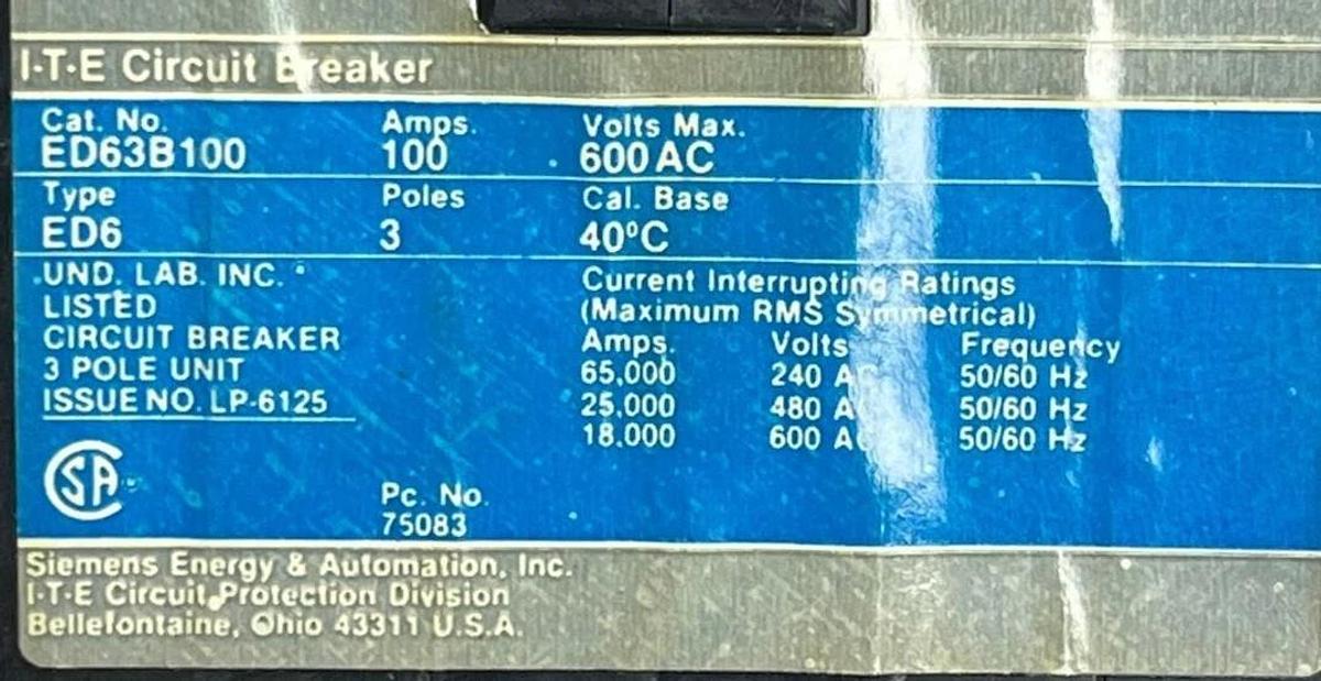 Used Siemens I-T-E ED63B100 Circuit Breaker 3 Pole 100A 600V ED6 w/ Bracket