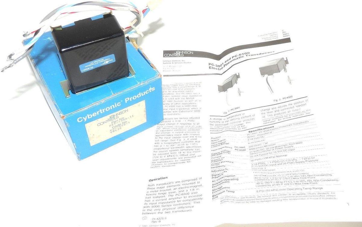 NIB JOHNSON CONTROLS P/N: H27-3398-11 CODE: PC-6500-1 CYBERTRONIC E-P TRANSDUCER
