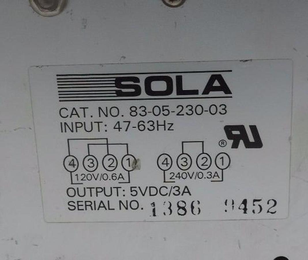 Used LOT OF 2 SOLA 83-05-230-03 POWER SUPPLY 47/63HZ, 5VDC, 3A, 830523003