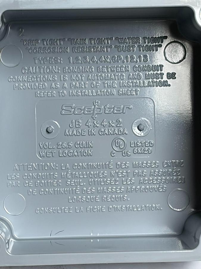 Used Scepter JB 4x4x2 PVC Junction Box Watertight NEMA 4X Enclosure 077695 New