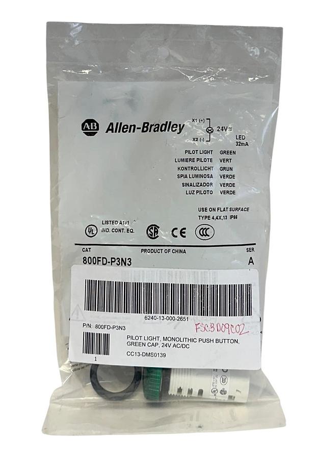 Used ALLEN BRADLEY 800FD-P3N3 /A BULLETIN 800F PILOT LIGHT PUSH BUTTON GREEN NSFS