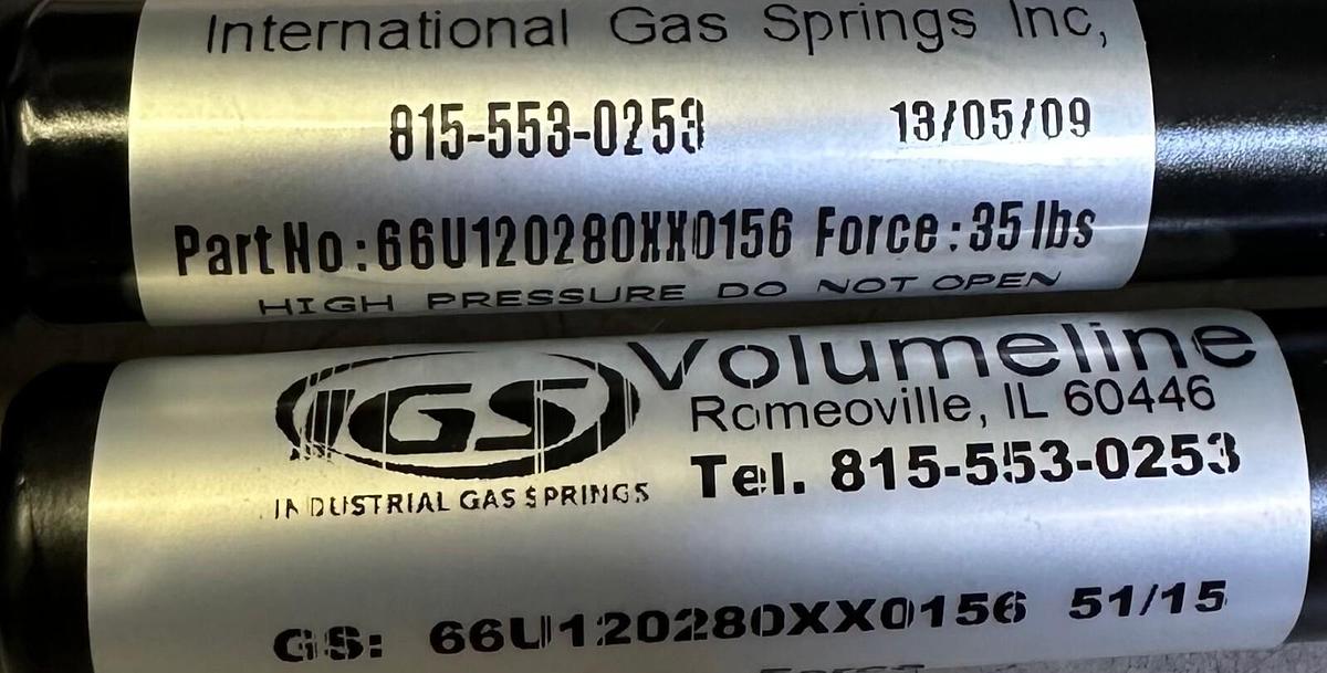 Used 2 NEW IGS VOLUMELINE 66U120280XX0156 GAS SPRING W/ END FITTINGS 35LBS FORCE