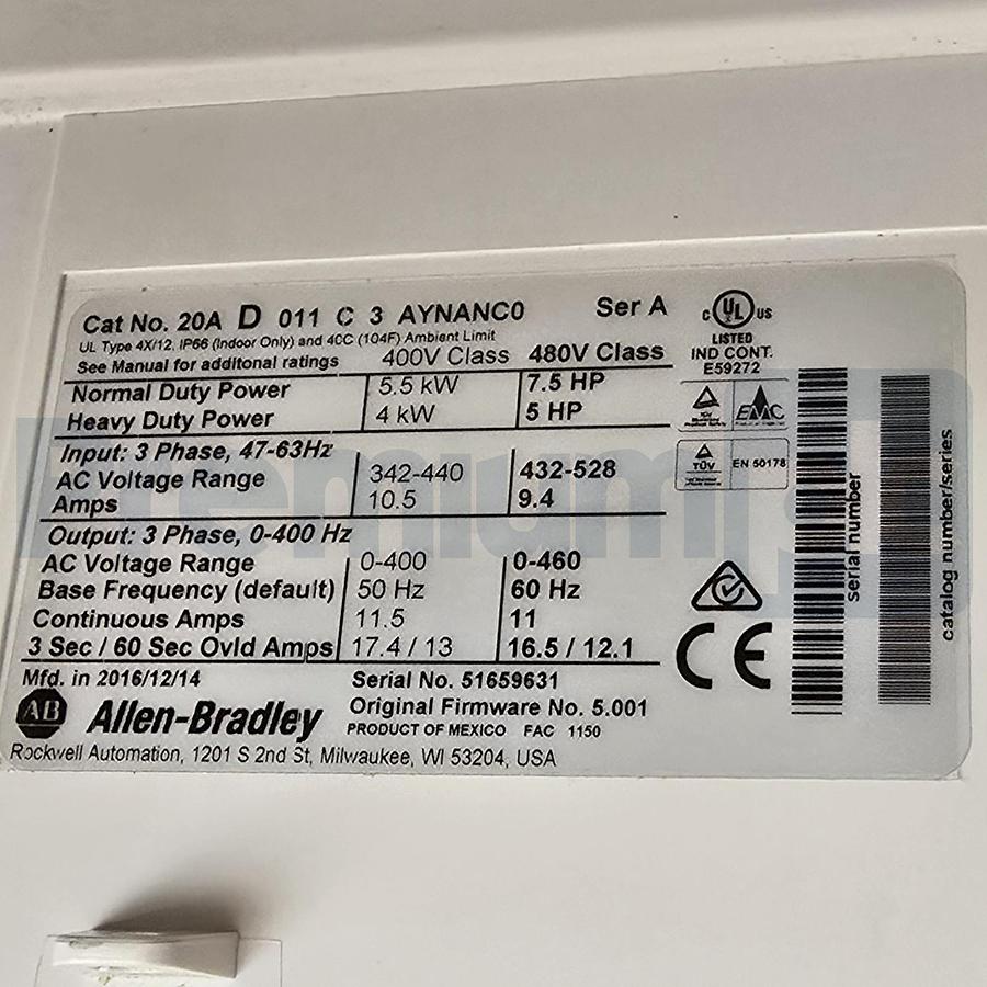 Used Allen Bradley 20AD011C3AYNANC0 /A PowerFlex 70 AC Drive 3Ph 480V 7.5HP (read)