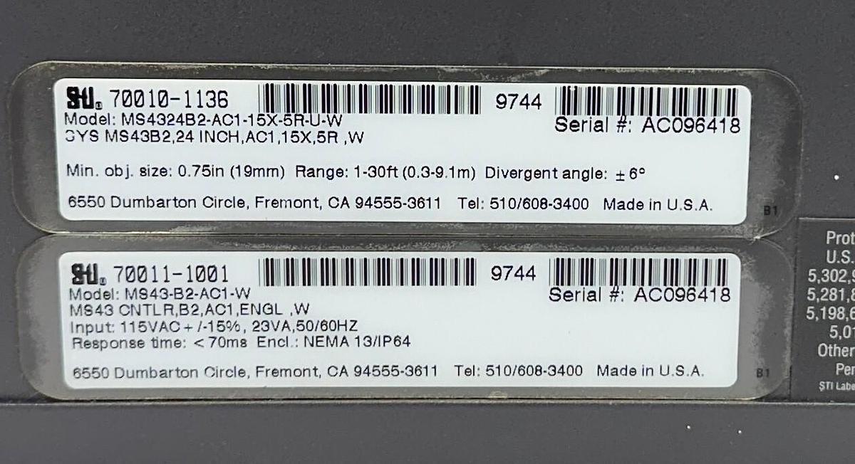 Used STI 70010-1136 / 70011-1001 MiniSafe/FlexSafe 4300B-2 CONTROLLER MS43-B2-AC1-W