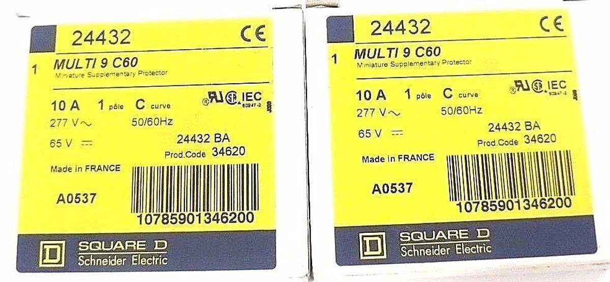 Used (2) NIB SQUARE D MULTI 9 C60 MINIATURE SUPPLEMENTARY PROTECTOR 24432, 10A, 1POLE