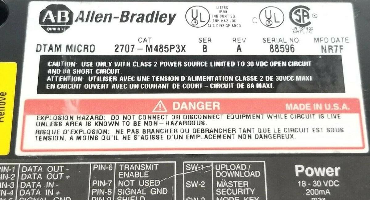 Refurbished ALLEN BRADLEY 2707-M485P3X DTAM MICRO OPERATOR INTERFACE SER. B (REPAIRED)