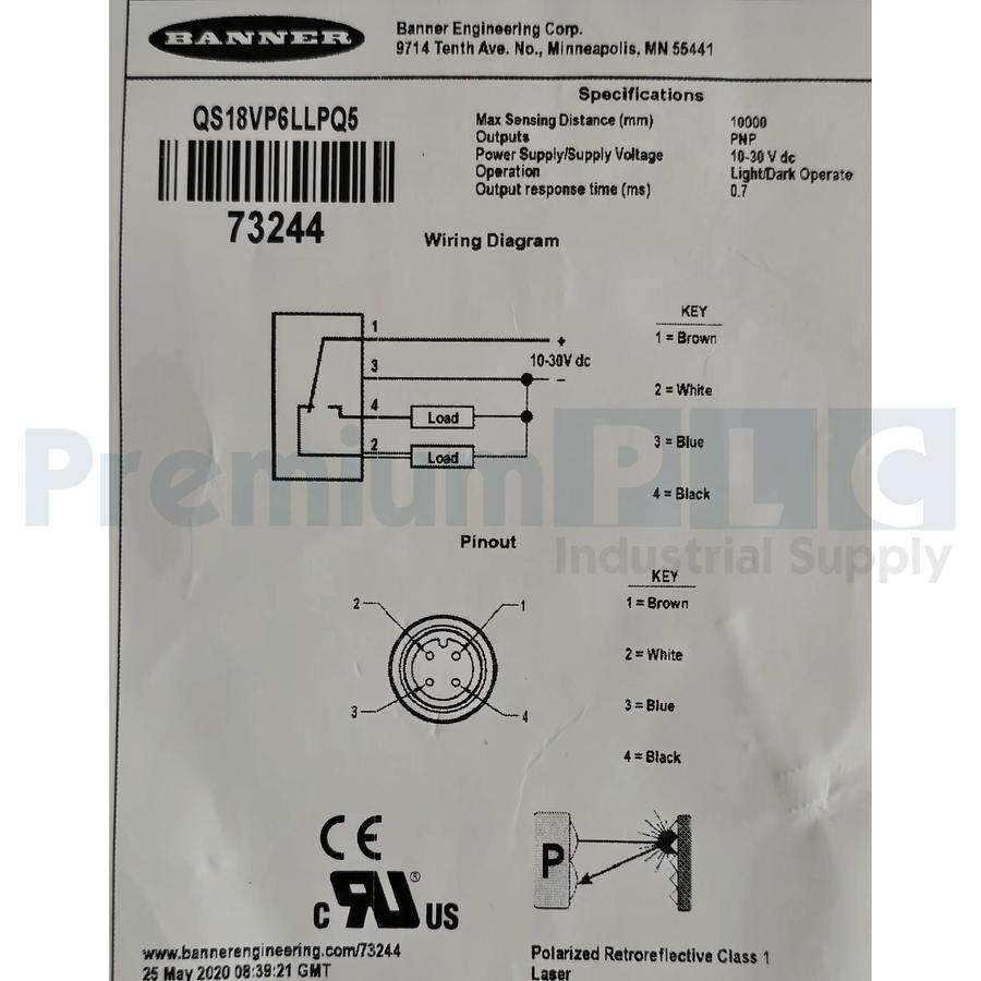 Used BANNER QS18VP6LLPQ5 QS18 PHOTOELECTRIC SENSOR 10-30VDC P/N 73244 W/ACCS NSMP