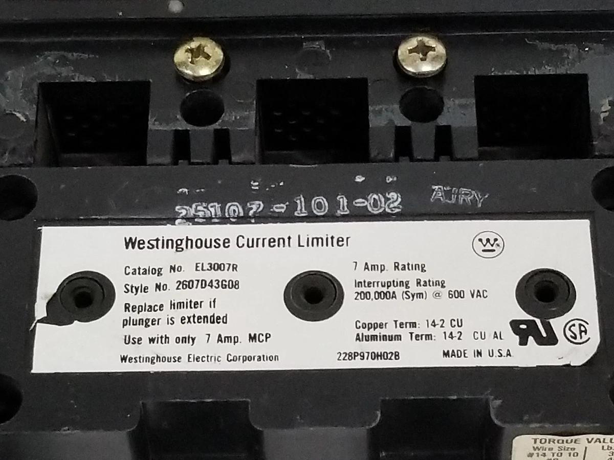 Used WESTINGHOUSE 2607D80G03 CIRCUIT BREAKER MCP0358CR , 7AMP 3POLE 600VAC, EL3007R