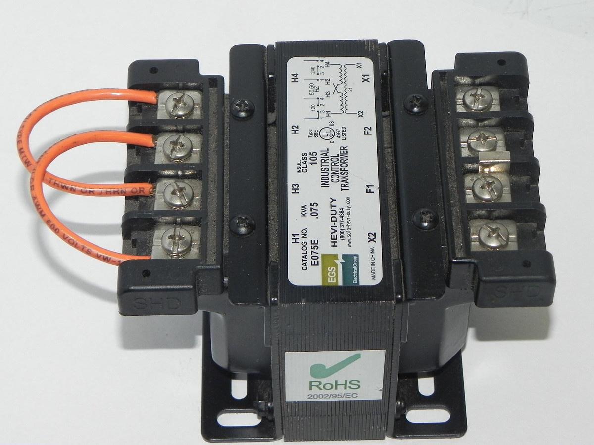 Used SOLA E075E INDUSTRIAL CONTROL TRANSFORMER .075 KVA CLASS 105 HEVI-DUTY