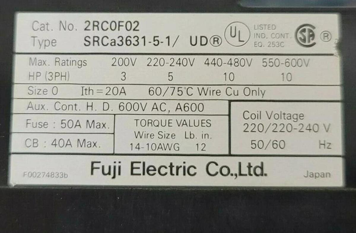 LOT OF 2 NEW FUJI ELECTRIC SRCA3631-5-1/UD CONTACTORS CAT. NO. 2RCOF02