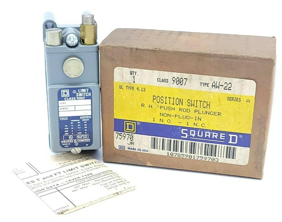 Used NIB SQUARE D 9007-AW-22 POSITION SWITCH R.H PUSH ROD PLUNGER 9007AW22 SER. A