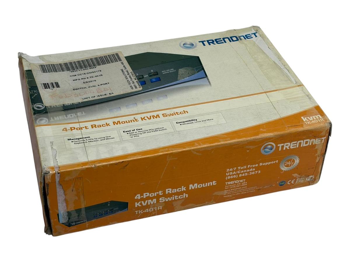 Used TRENDnet TK-401R 4-Port Rack Mount KVM Switch New Open Box with Rack Ears Manual