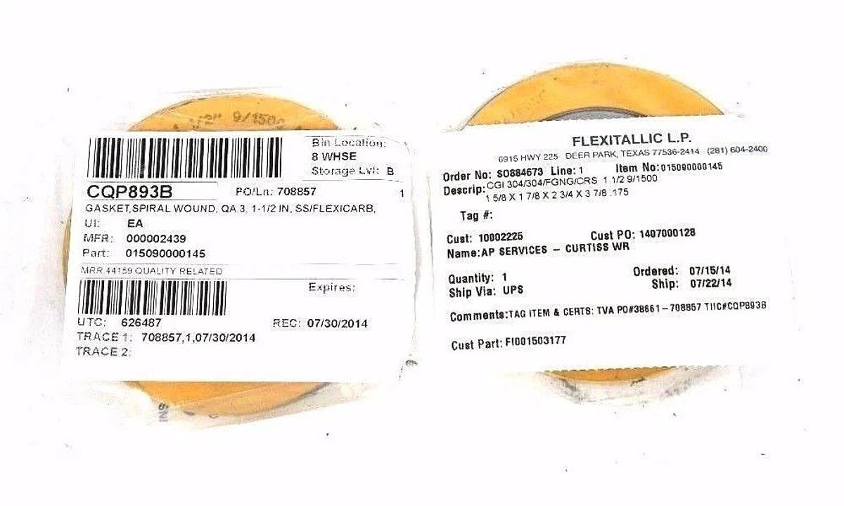 LOT OF 2 NEW FLEXITALLIC CQP893B SPIRAL WOUND GASKETS QA 3, 1-1/2" SS FLEXICARB