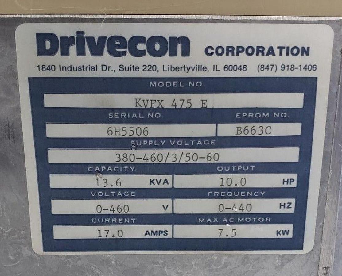 Used DRIVECON KVFX-475-E TRANSISTOR INVERTER 380-460V, 50-60HZ, 17A, 10HP, KVFX475E