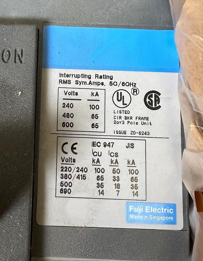 Used NEW FUJI BU3KLC-200L1W / BU3KLC200L1W CIRCUIT BREAKER 400A 600VAC BU0PKH200
