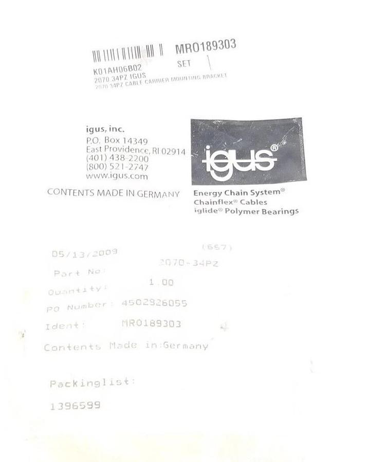 LOT OF 2 NEW IGUS 2070-34PZ CABLE CARRIER MOUNTING BRACKETS