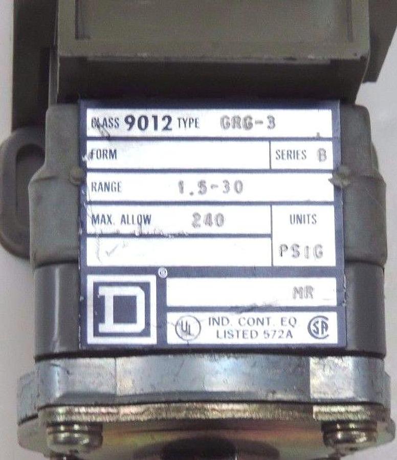 Used SQUARE D 9012-GRG-3 SER. B PRESSURE SWITCH 240PSIG, 1.5-30, 9012GRG3