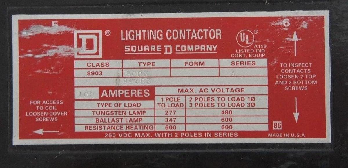 Used SQUARE D 8903SQO3 LIGHTING CONTACTOR 100A, 277/347/480/600V, SER A, 8903SQO3V04