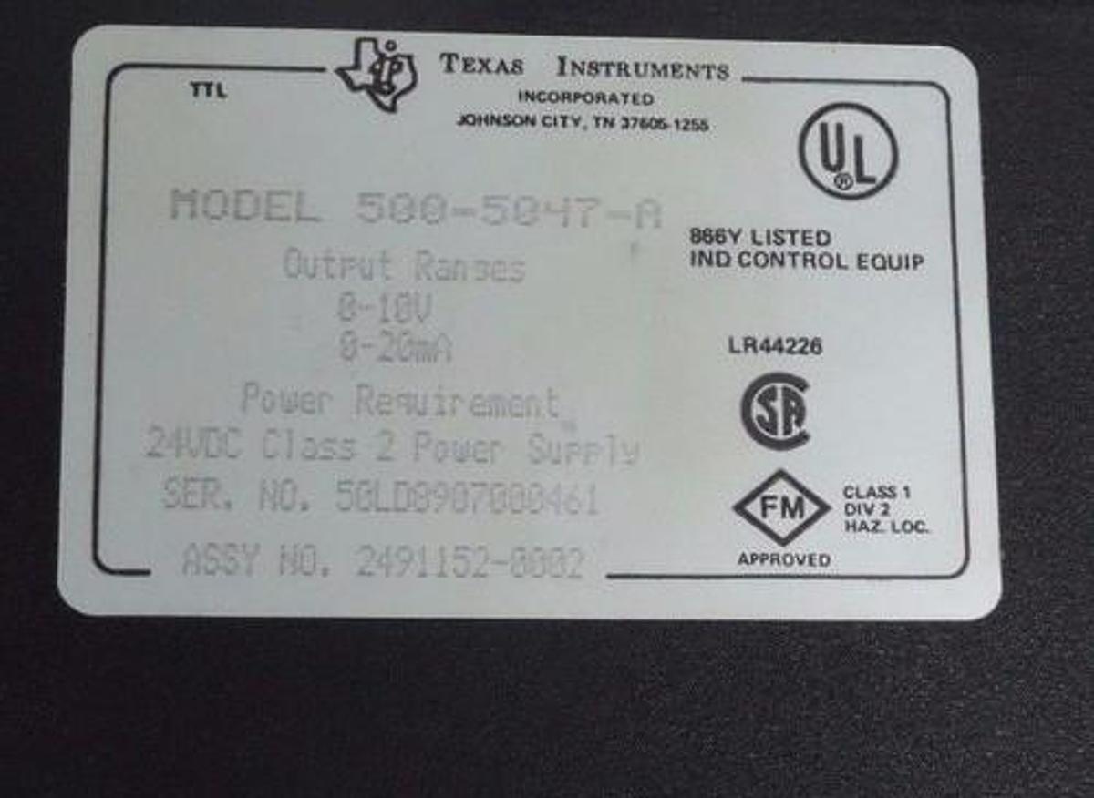 Used TEXAS INSTRUMENTS 500-5047-A ANALOG OUTPUT MODULE 5005047A, ASSY #: 2491152-0002